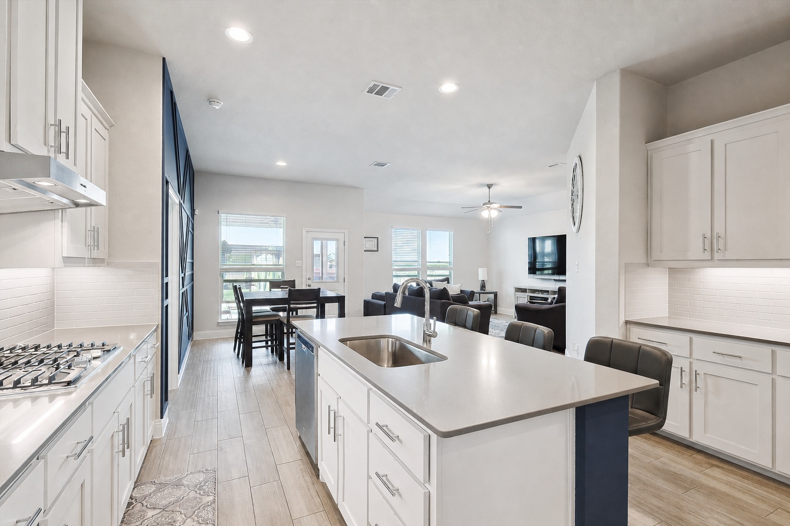 Open plan kitchen, dining, and living room